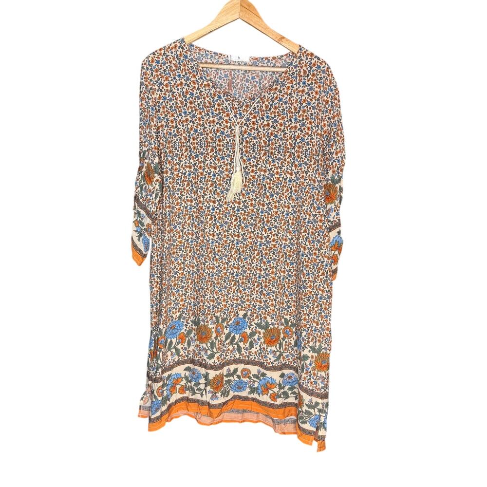 HOTOUCH Womens Large Boho Floral Dress Tassel Tie Bell Sleeve Knee Length NWT